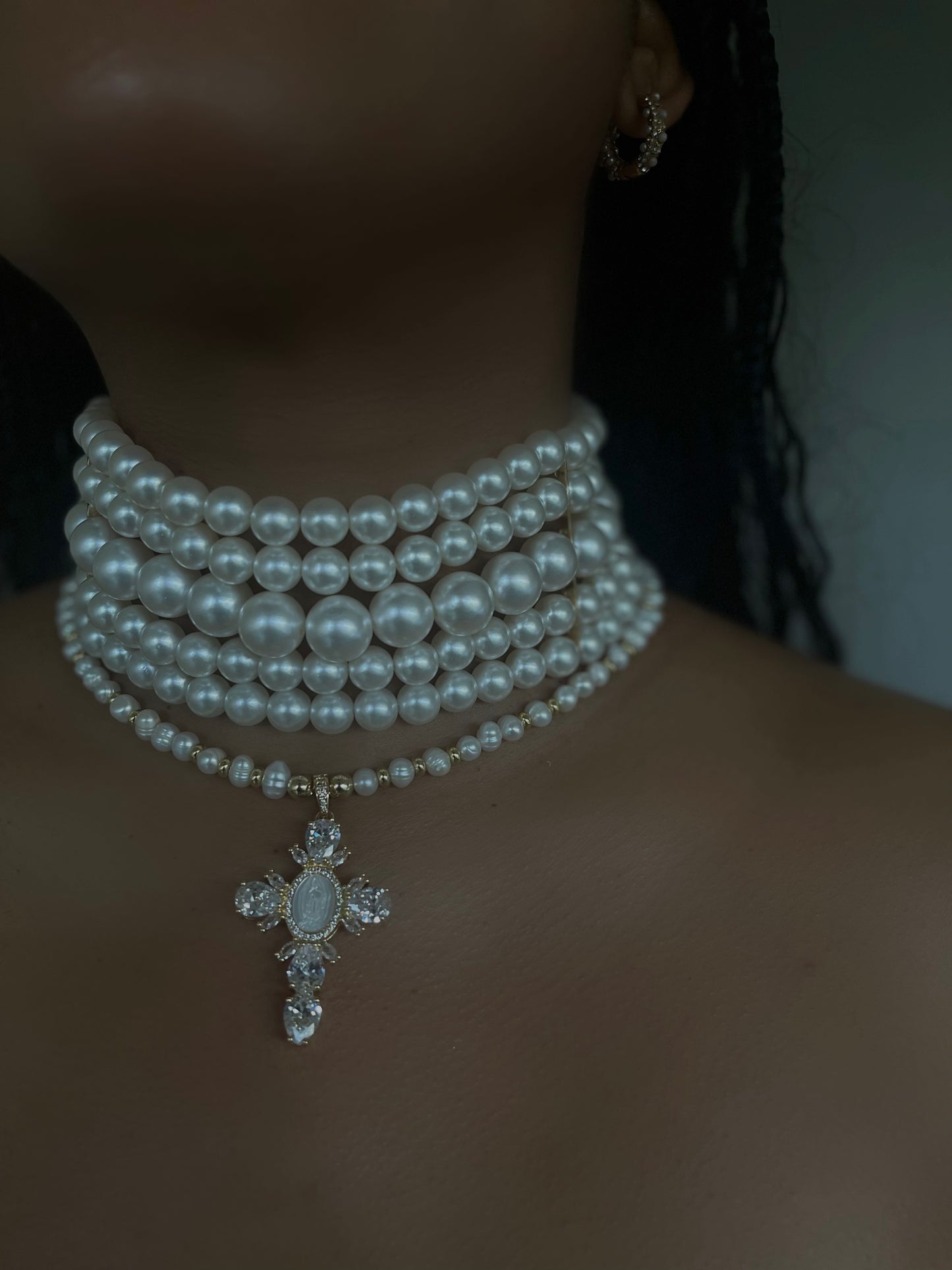 Pearl and Gold Cross Choker