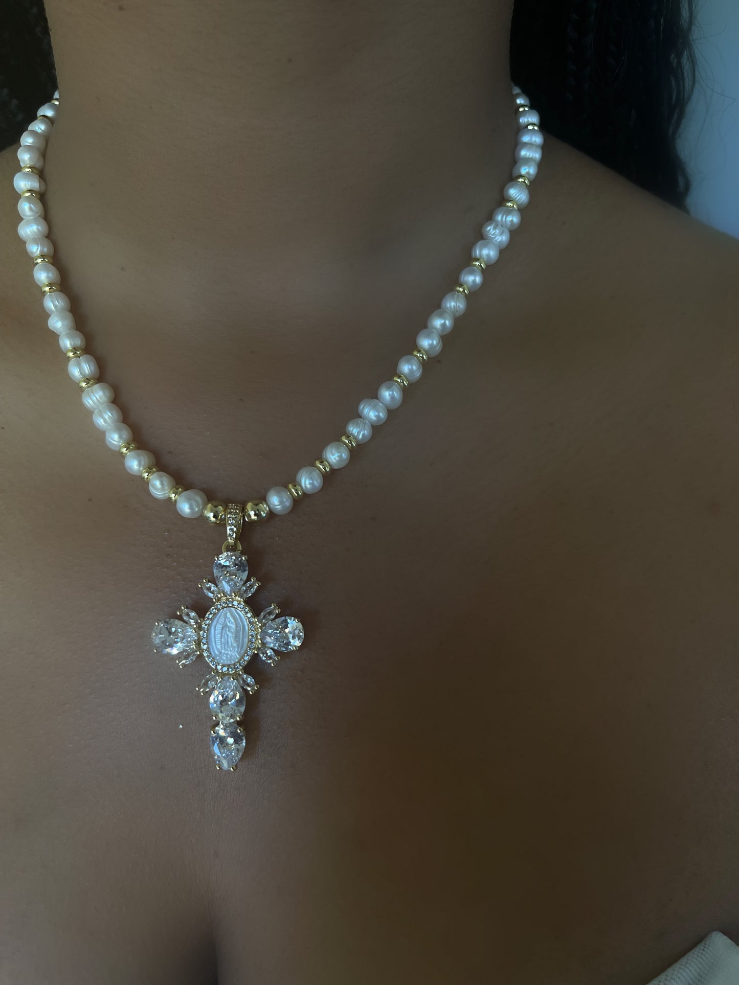 Pearl and Gold Cross Choker