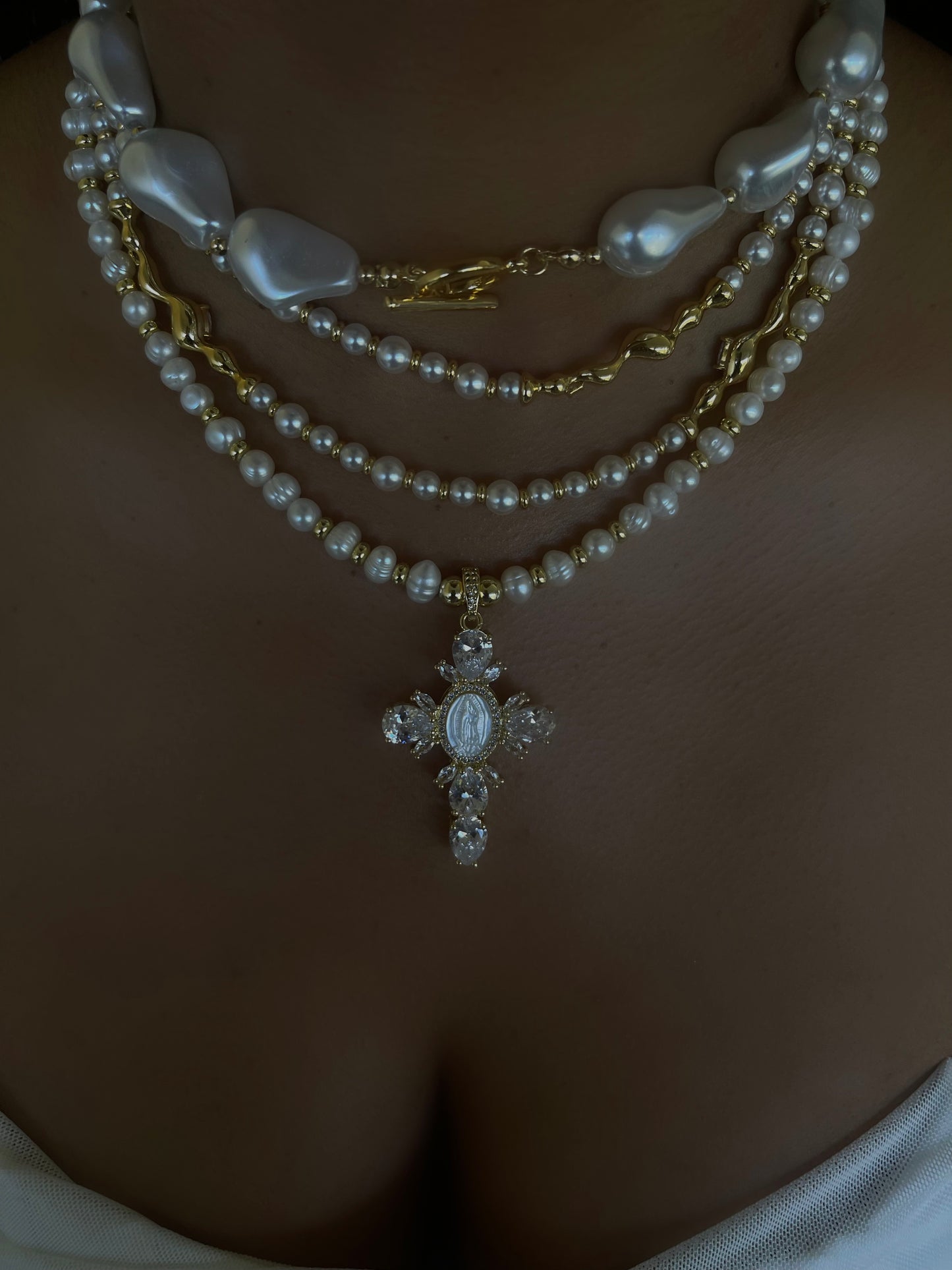 Pearl and Gold Cross Choker