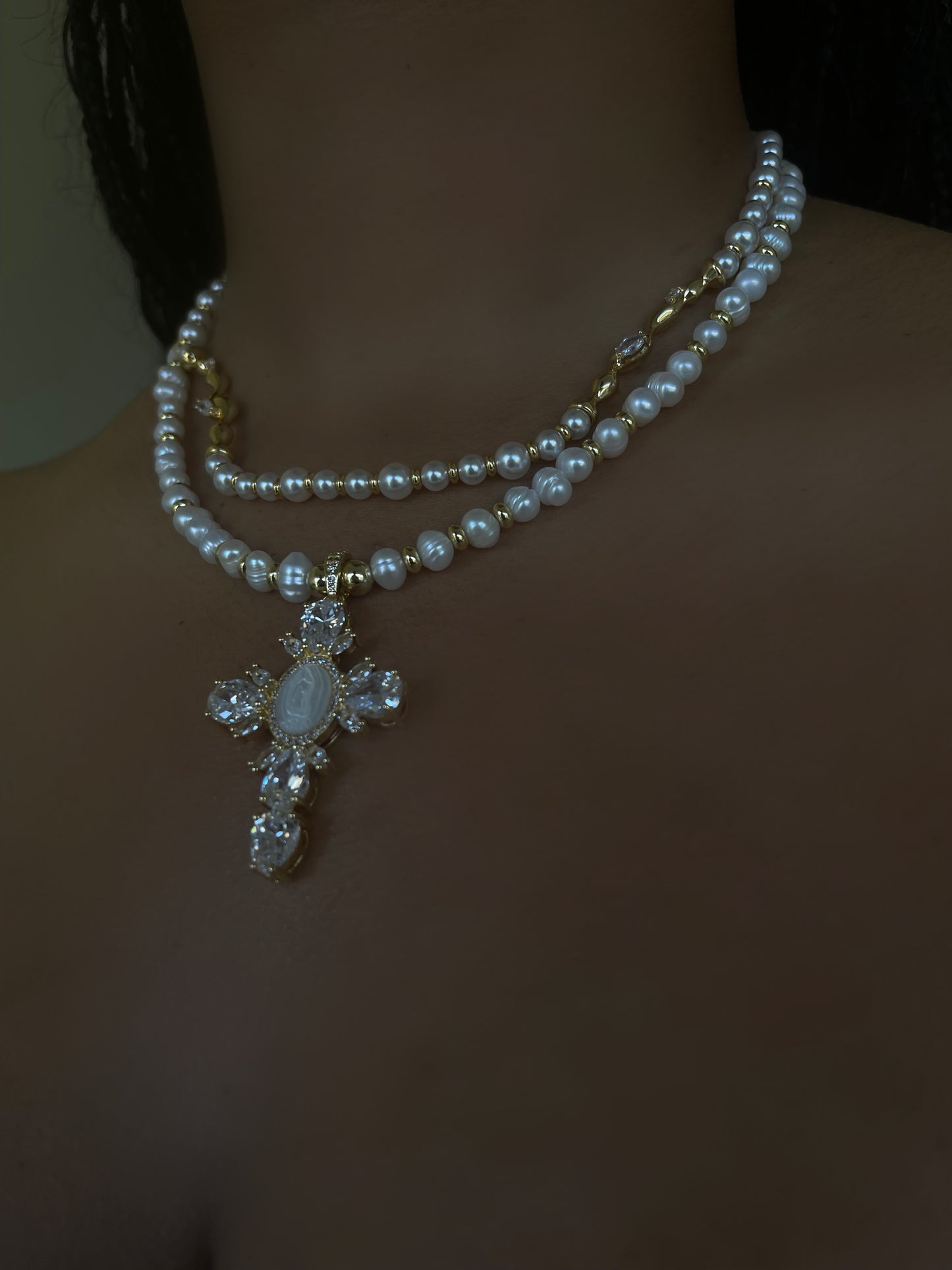 Pearl and Gold Cross Choker